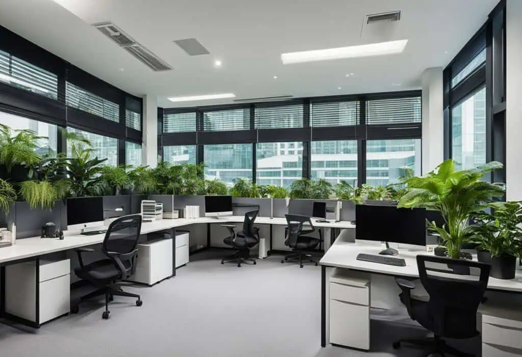 Modern office furniture with ergonomic desks and chairs in a bright, contemporary workspace.