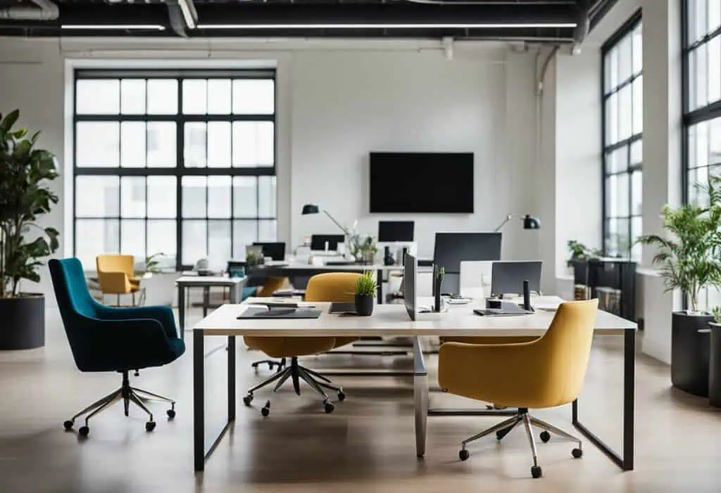 Modern office interior with stylish desks and colorful chairs in a bright workspace.