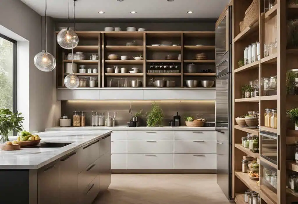 Modern office pantry with sleek cabinetry and open shelving for a functional workspace.