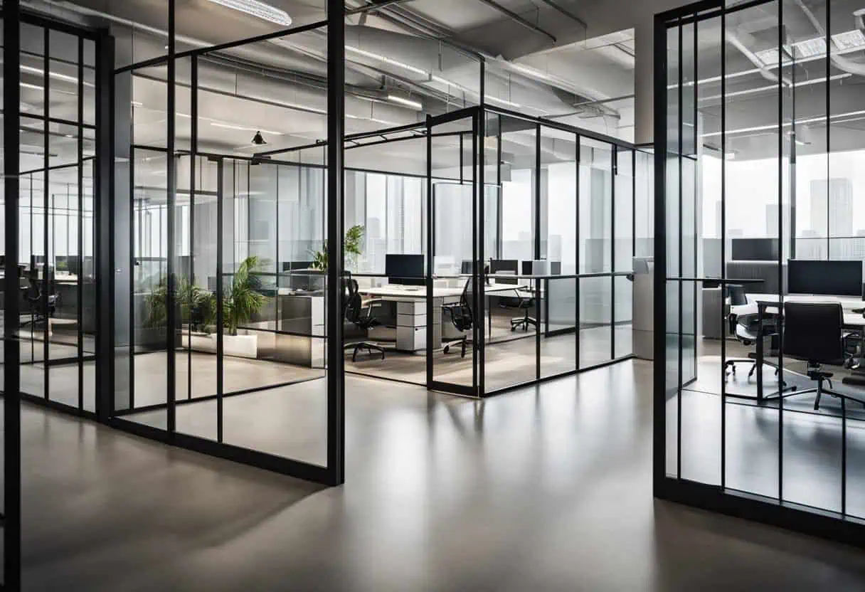 Modern glass office partitions for innovative workspace separation.
