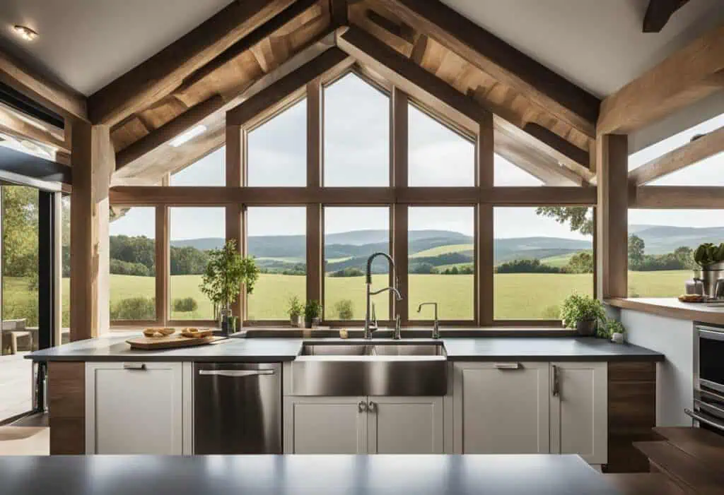 Elegant modern rustic kitchen featuring large windows and natural wood accents. Perfect blend of con.