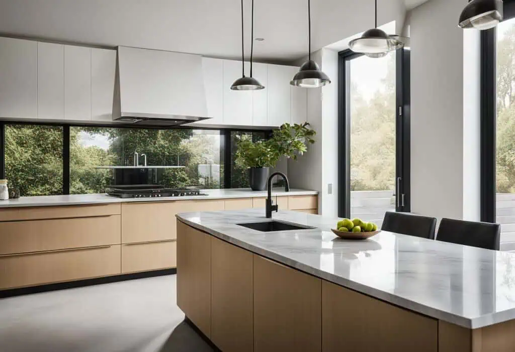 Elegant Scandinavian kitchen with sleek cabinetry and large windows.