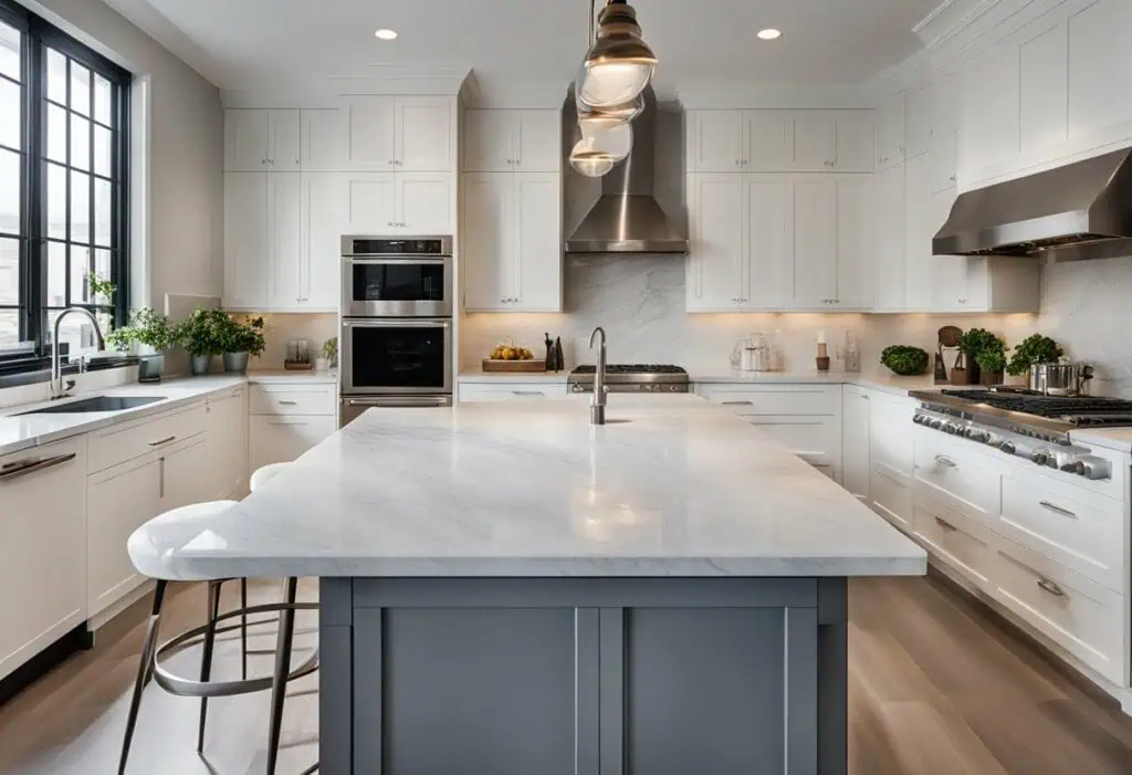 Elegant white and gray minimalist kitchen with sleek cabinetry and modern appliances.