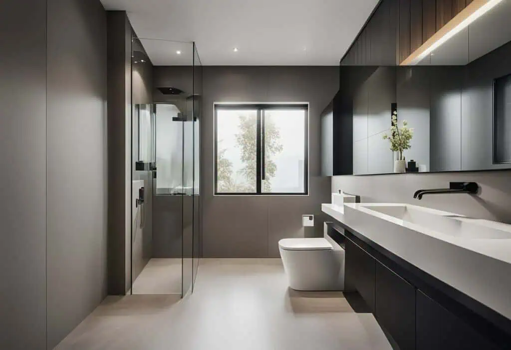 Stylish small bathroom with modern toilet and minimalist decor.