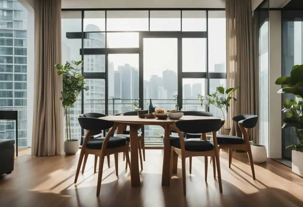 Elegant teak dining table with matching chairs in a modern Singapore apartment.