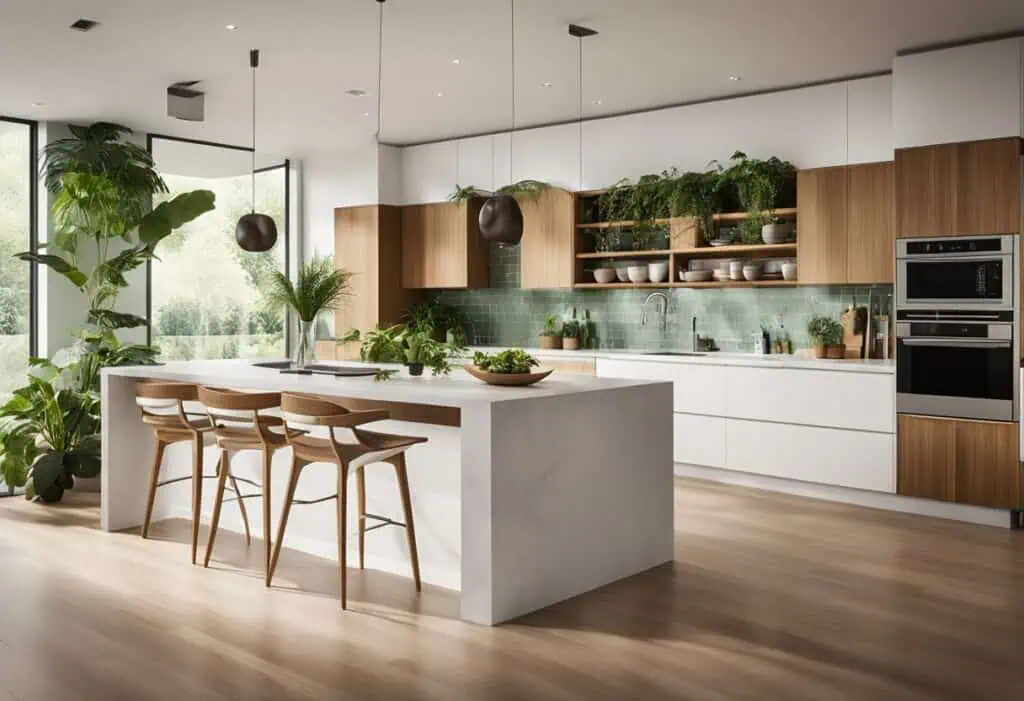 Bright modern tropical kitchen featuring natural wood accents and lush greenery. Perfect for bringin.