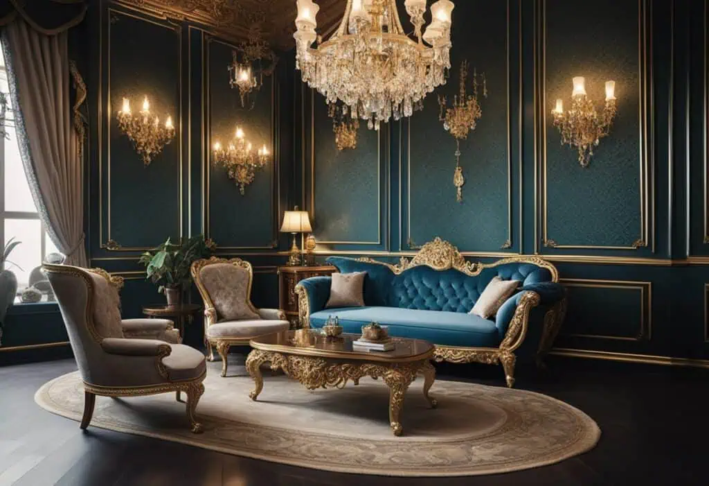 Elegant Victorian living room featuring luxurious furniture and ornate gold accents.
