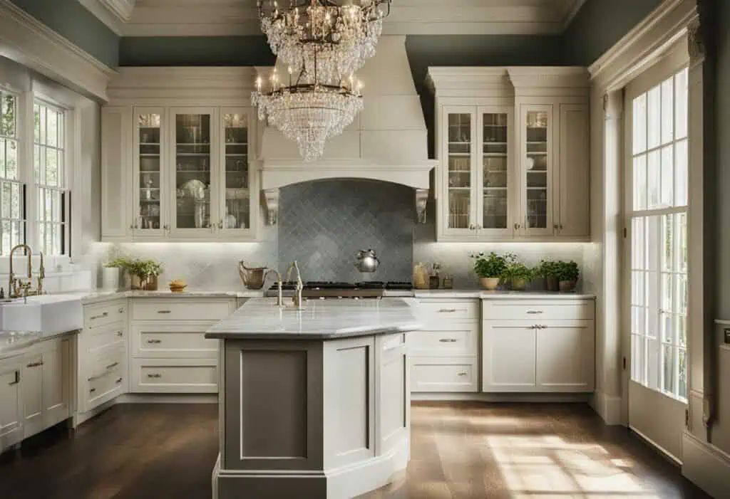 Elegant Victorian kitchen with white cabinetry, chandelier, and modern touches for a timeless look.