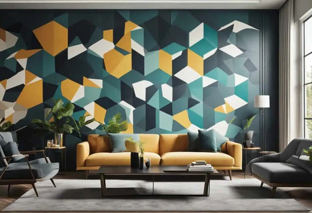 Stylish geometric wall art enhances contemporary living room decor with bold colors and patterns.