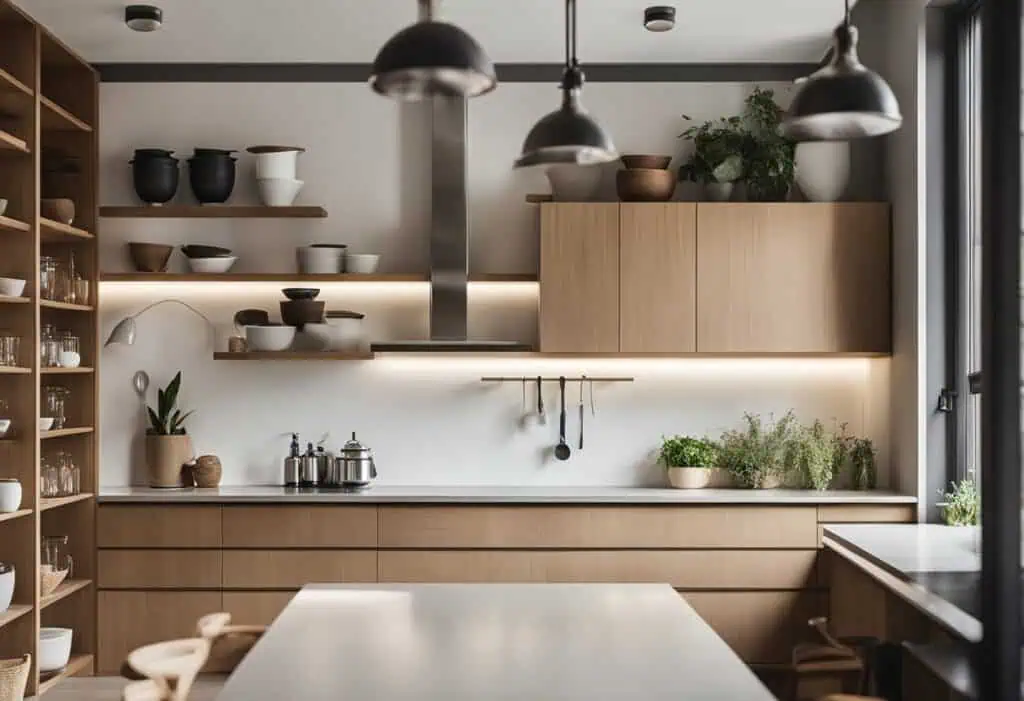 Minimalist Zen-inspired kitchen with natural wood finishes and sleek lighting.