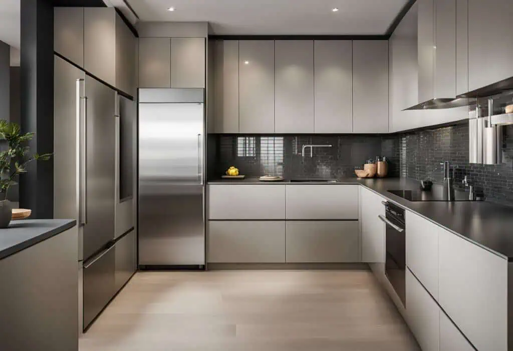 Elegant modular kitchen cabinets with minimalist style and stainless steel appliances. Perfect for c.