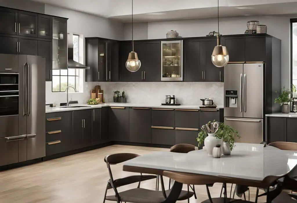 Elegant black modular kitchen with sleek cabinetry and modern appliances. Perfect for creating a fun.