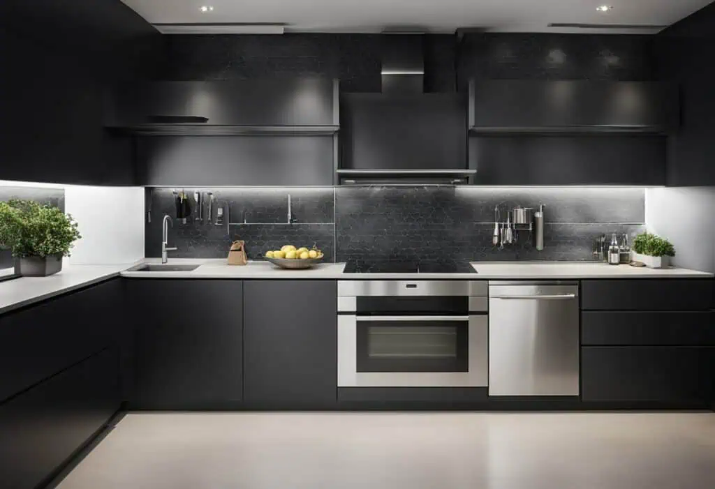 Sleek black and white modular kitchen with modern appliances and minimalist design.