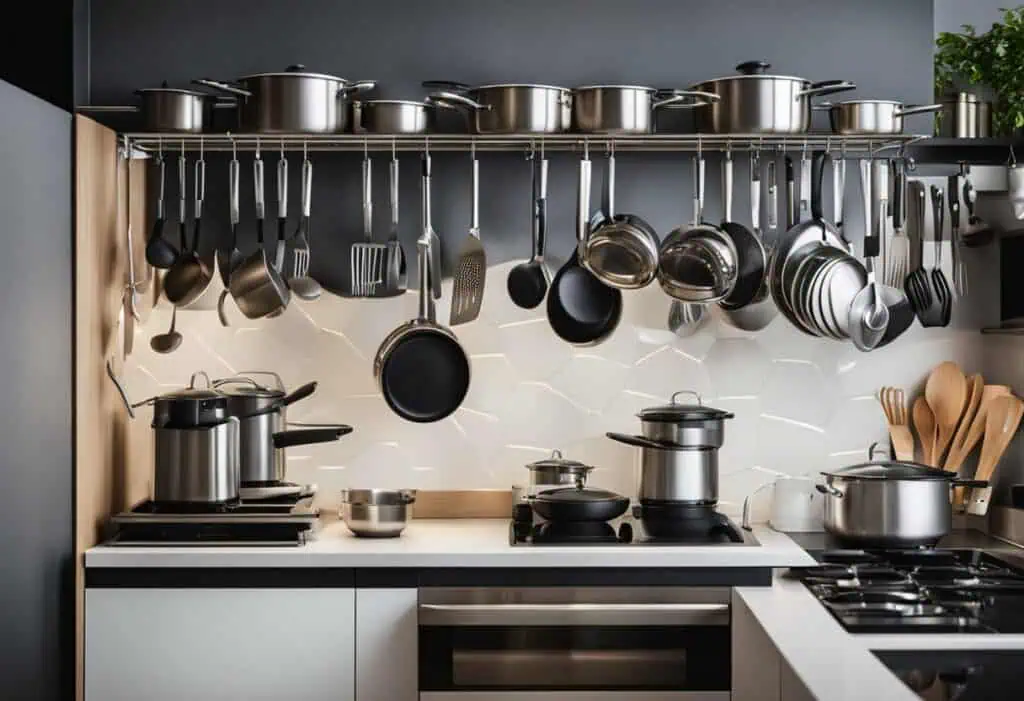 Efficient kitchen organization with sleek modular rack for pots, pans, and utensils.