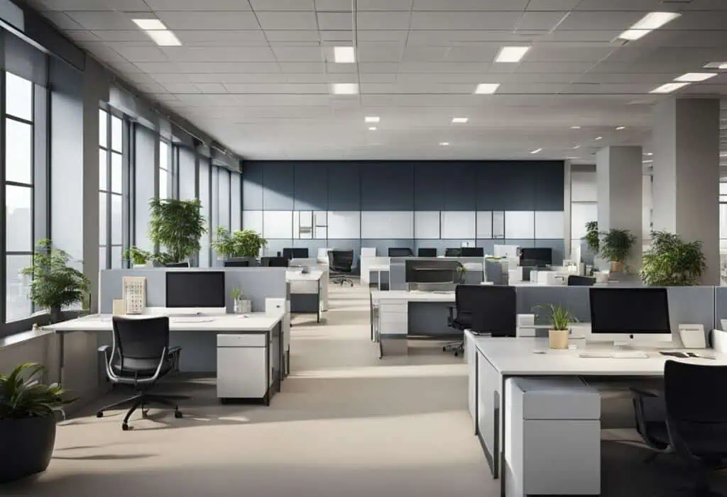 Bright, open-plan office with modular desks and large windows for flexible work environments.