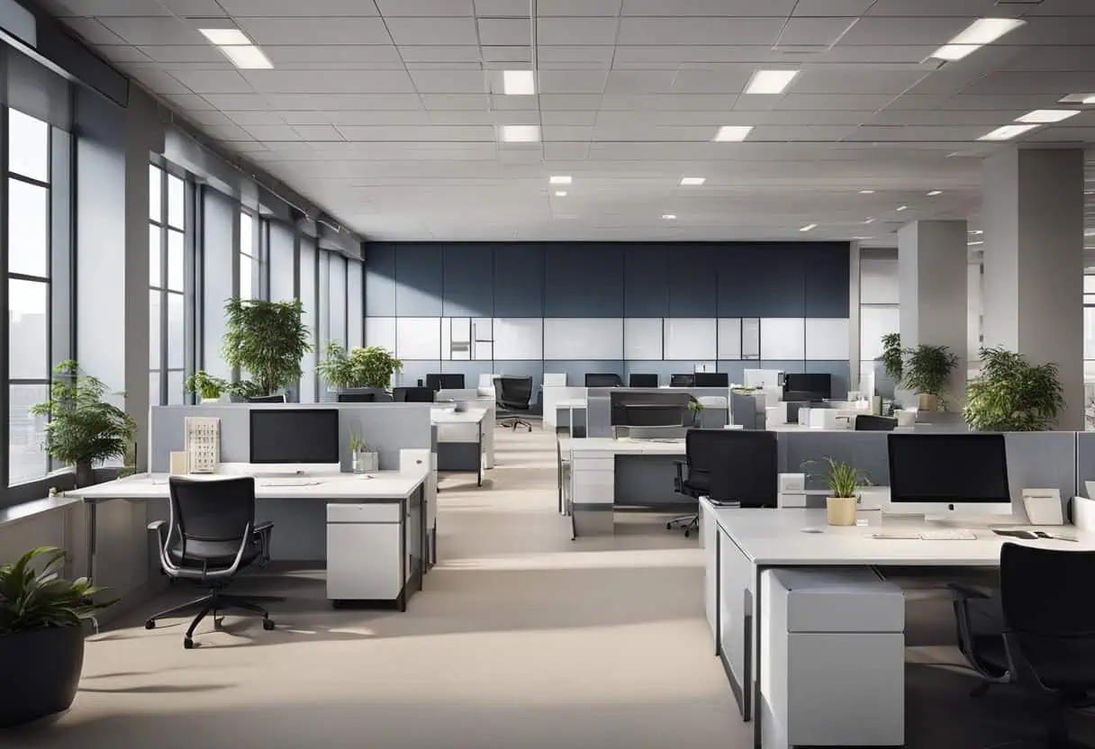Bright, open-plan office with modular desks and large windows for flexible work environments.