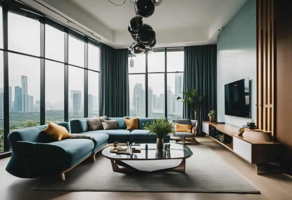 Stylish modern living room with Molecule furniture and city skyline view.