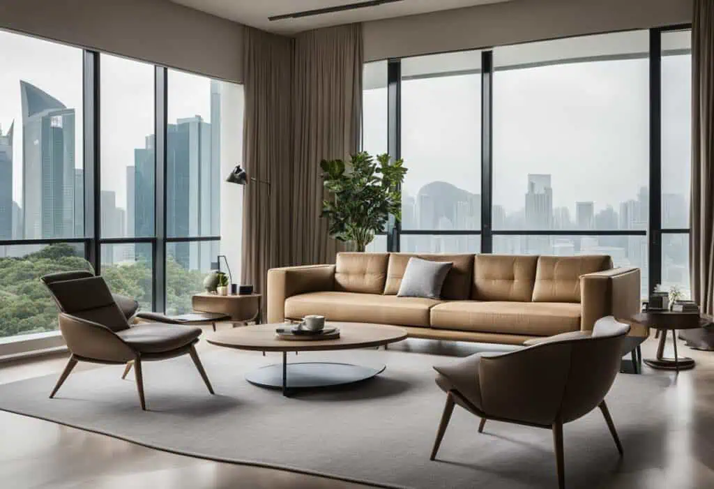 Elegant living room furniture with large windows overlooking Singapore skyline.