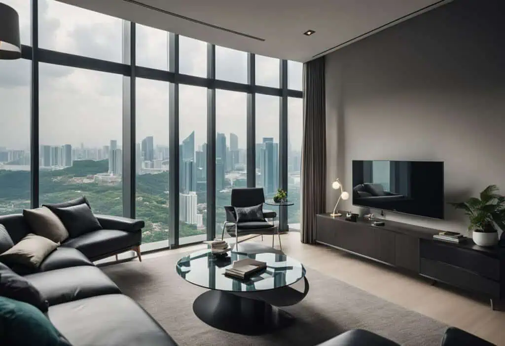 Modern city view living room with sleek furniture and large windows in Singapore.