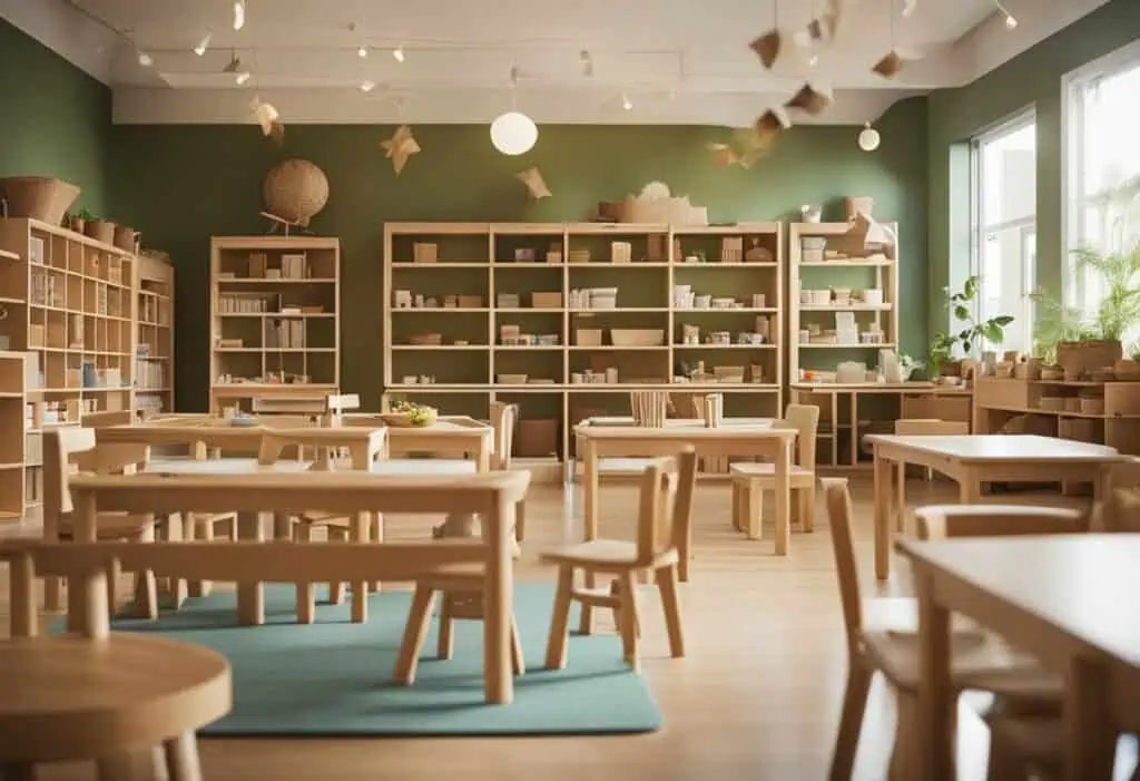 Montessori classroom with wooden furniture and shelves for children’s learning.