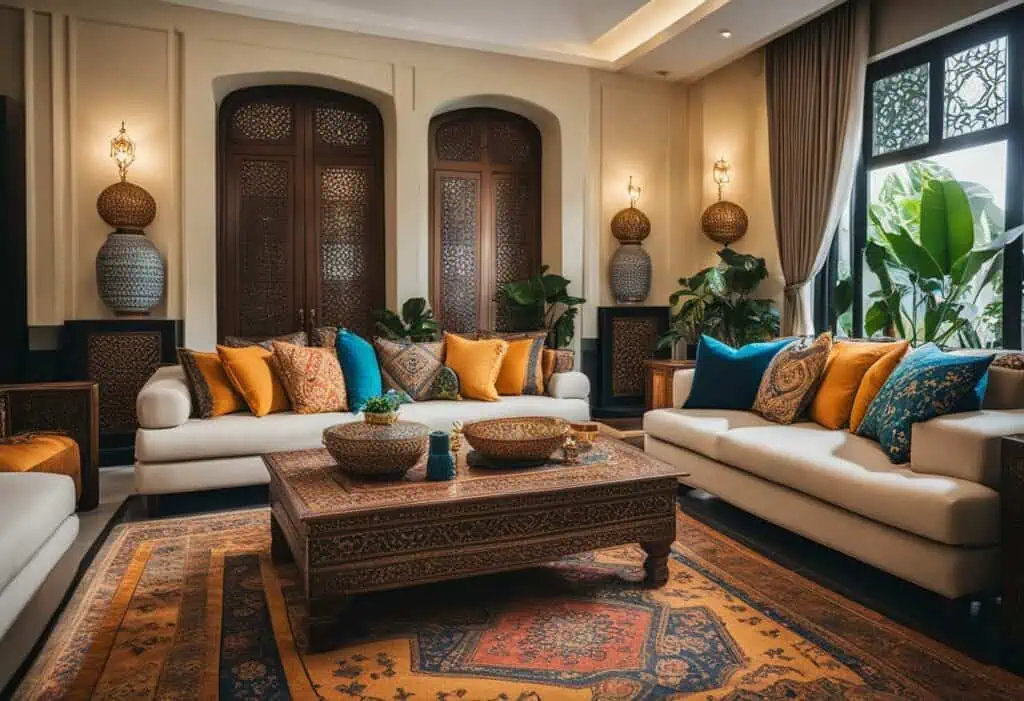 Moroccan furniture Singapore: Elegant living room with exotic Moroccan furniture and colorful cushio.