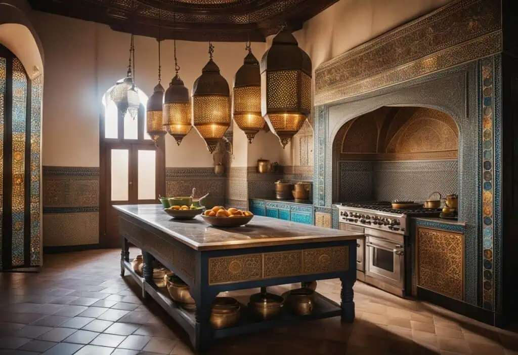 Elegant Moroccan kitchen with intricate tilework and traditional lantern lighting.