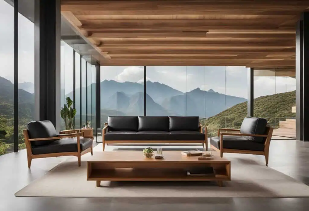 Elegant teak furniture in a modern living room with mountain views.