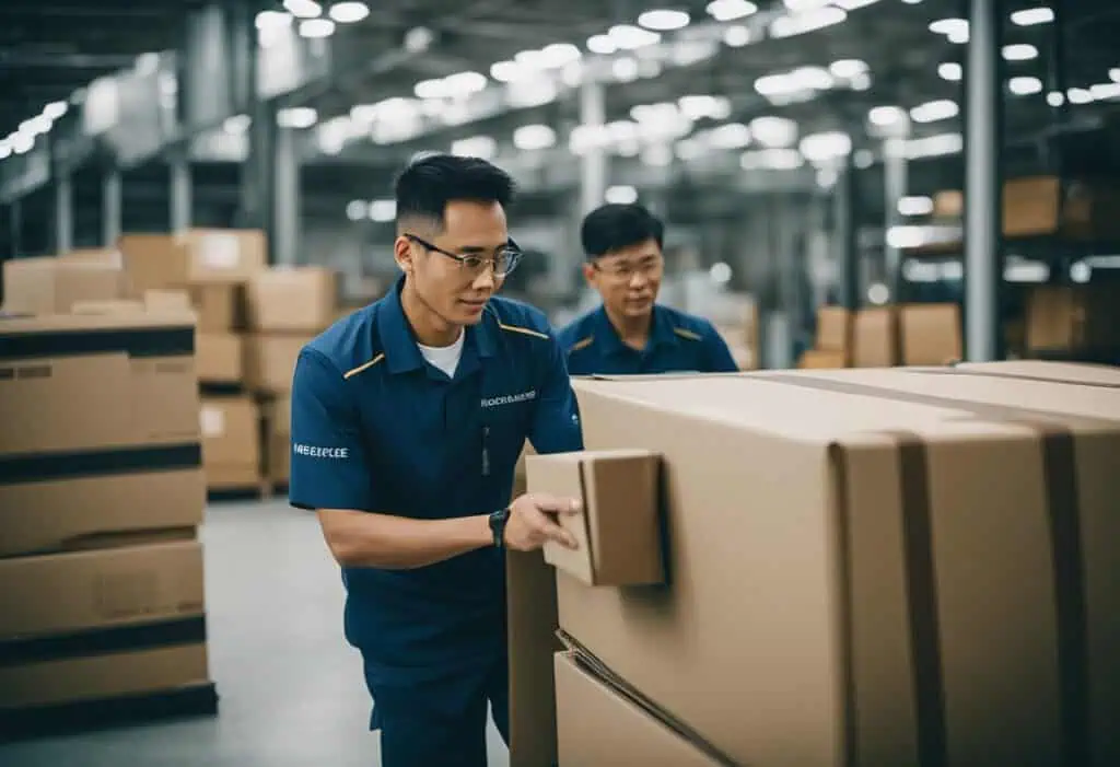 Two workers inspecting boxes in a warehouse during furniture relocation.