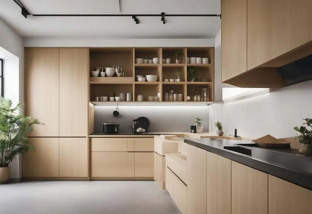 Elegant Muji-inspired kitchen with simple, functional wooden cabinetry and open shelving for organiz.