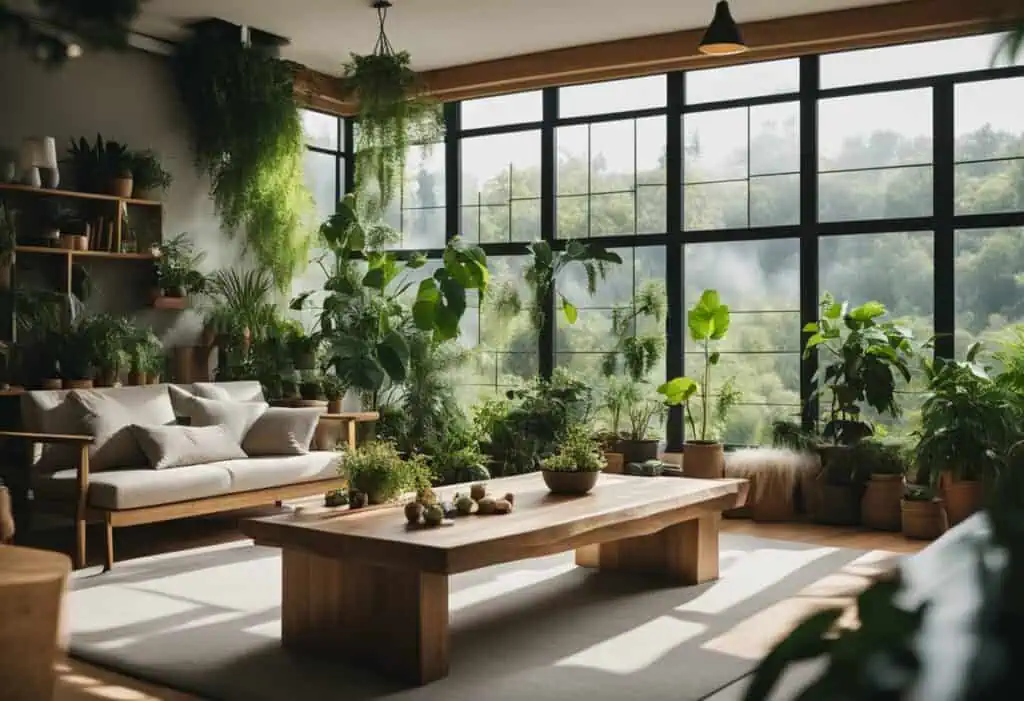 Bright indoor living space with lush green plants and natural light.