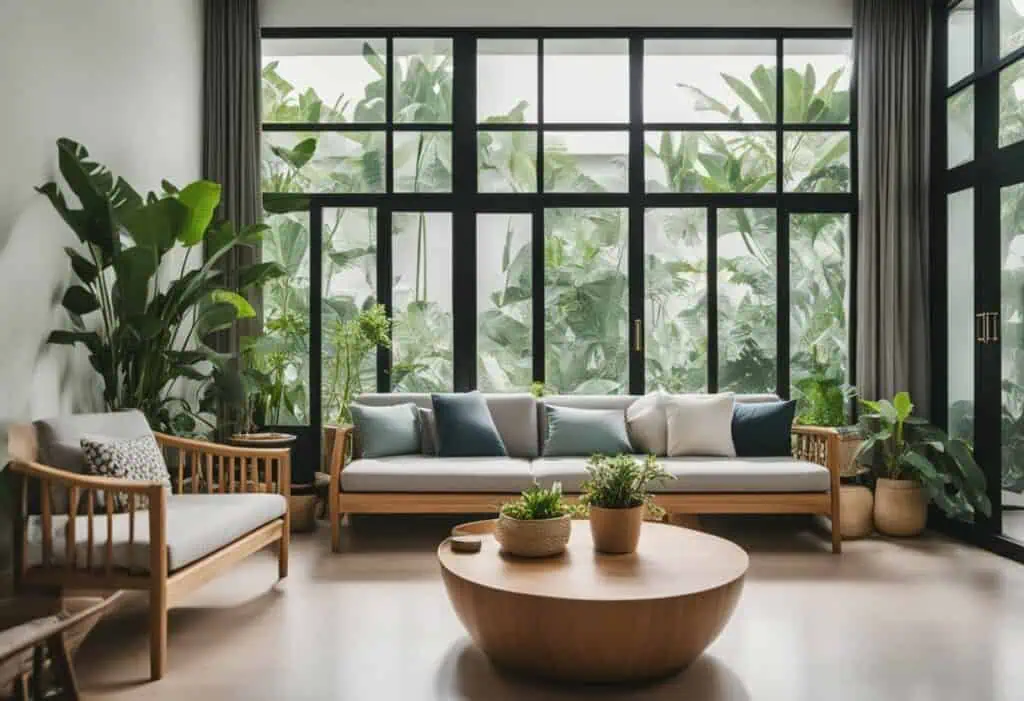 Eco-friendly modern living room with lush greenery and sustainable design.