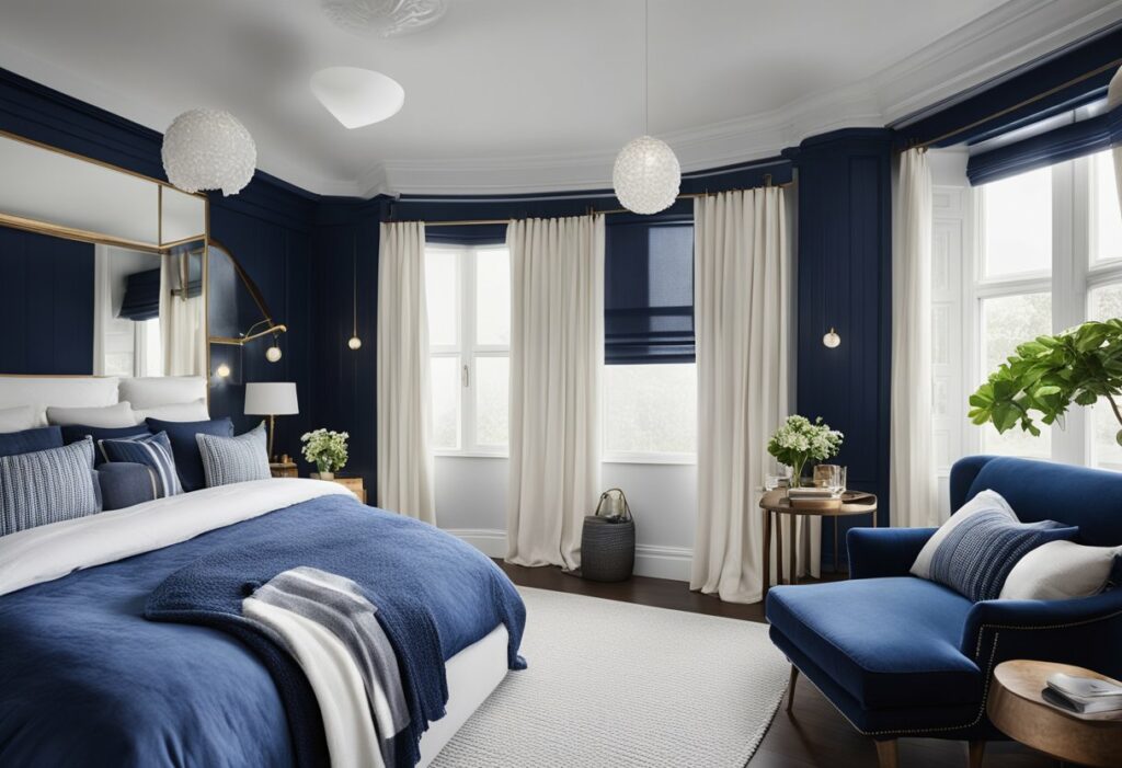 navy blue and white bedroom design