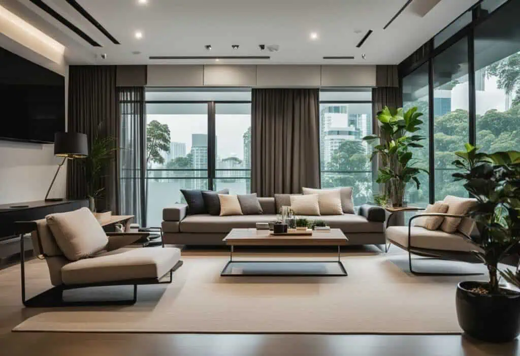 Stylish contemporary living room with comfortable sofas and lush indoor plants.