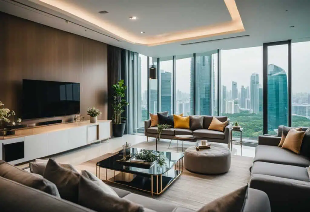 Elegant living room with large windows, contemporary furniture, and city skyline view.