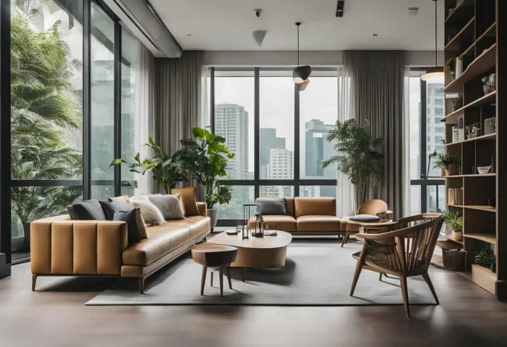 Elegant living room featuring contemporary furniture, lush indoor plants, and panoramic city views f.
