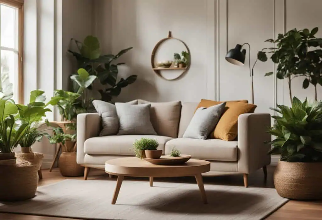 Stylish sofa with plush cushions in a cozy, well-lit living space. Perfect for contemporary home dec.