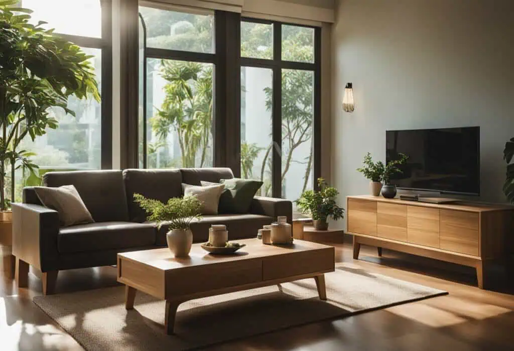 Elegant oak wood furniture in a bright, modern living room setting.