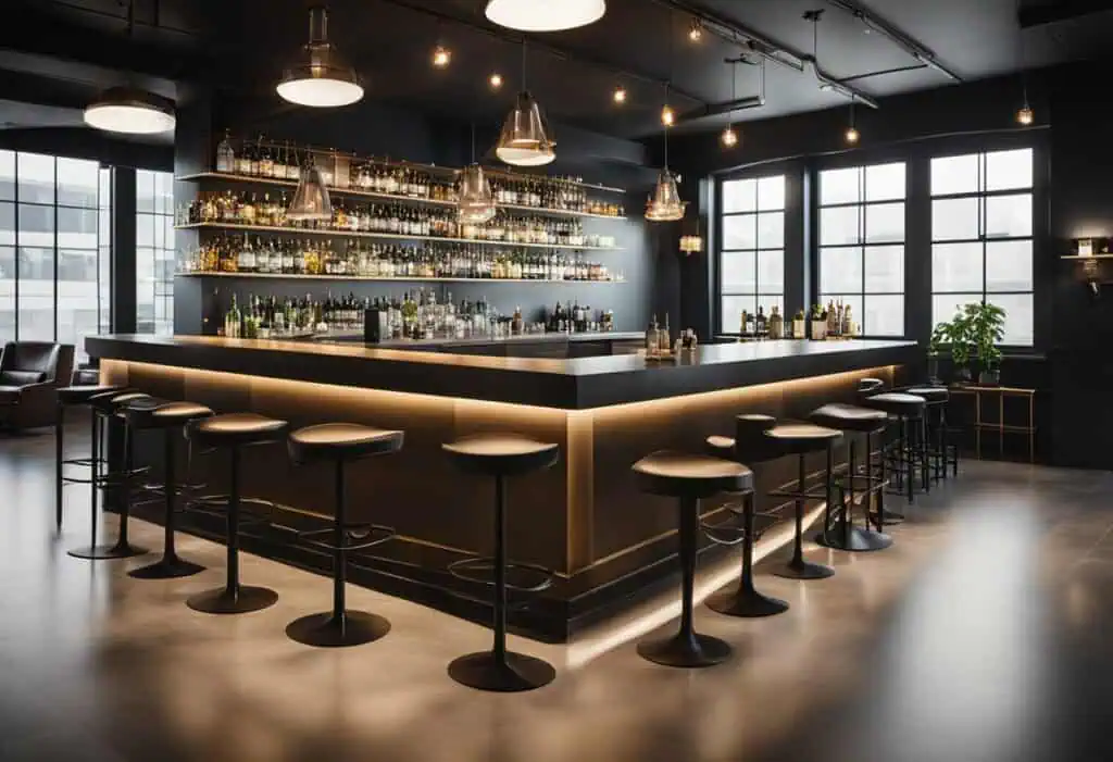 Modern office bar with sleek black decor and ambient lighting for stylish workplace environments.