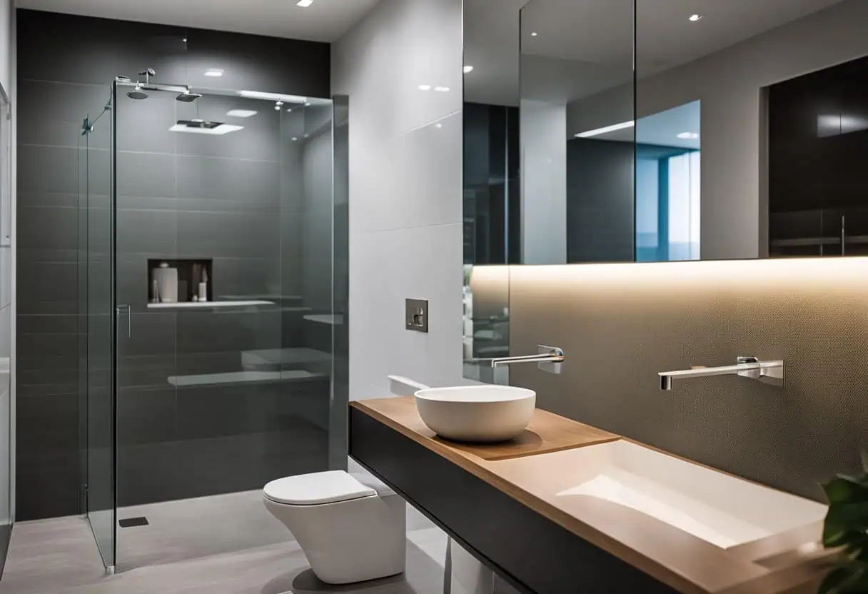 Contemporary office bathroom with sleek fixtures, glass shower, and stylish vanity for an elevated r.