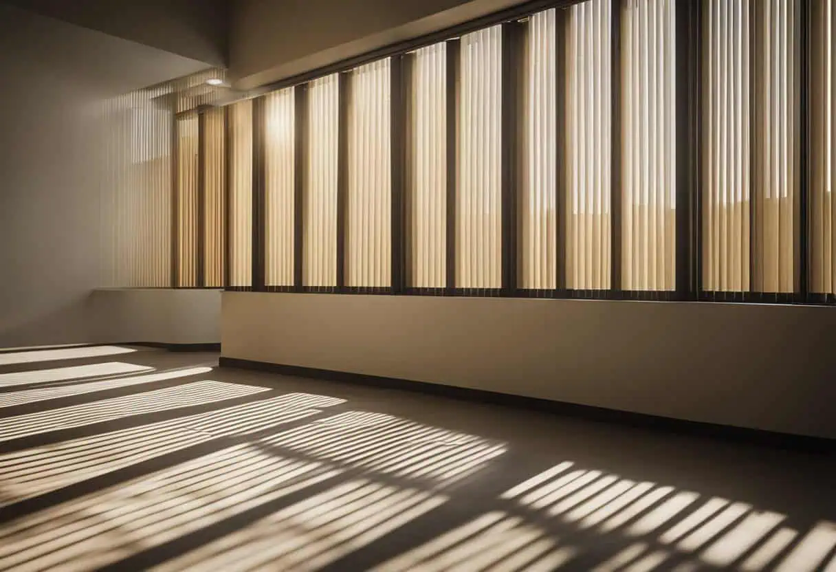 Modern office blinds creating dynamic sunlight shadows in a professional workspace.