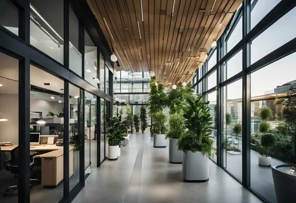 Bright office corridor with large potted plants and glass windows enhancing workplace aesthetics.