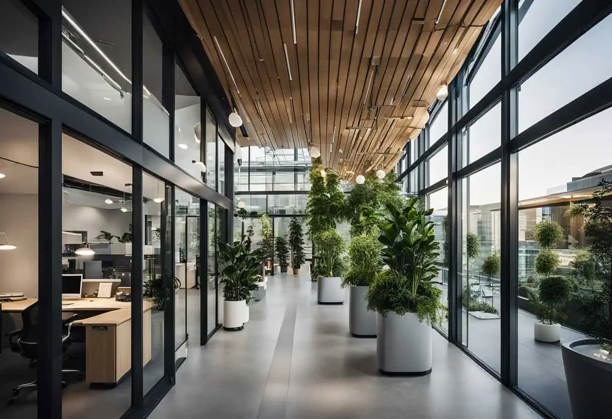 Bright office corridor with large potted plants and glass windows enhancing workplace aesthetics.