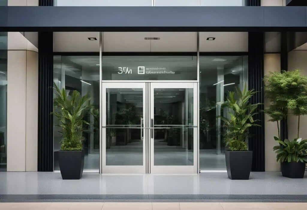 Sleek glass office entrance with potted greenery for a professional look.