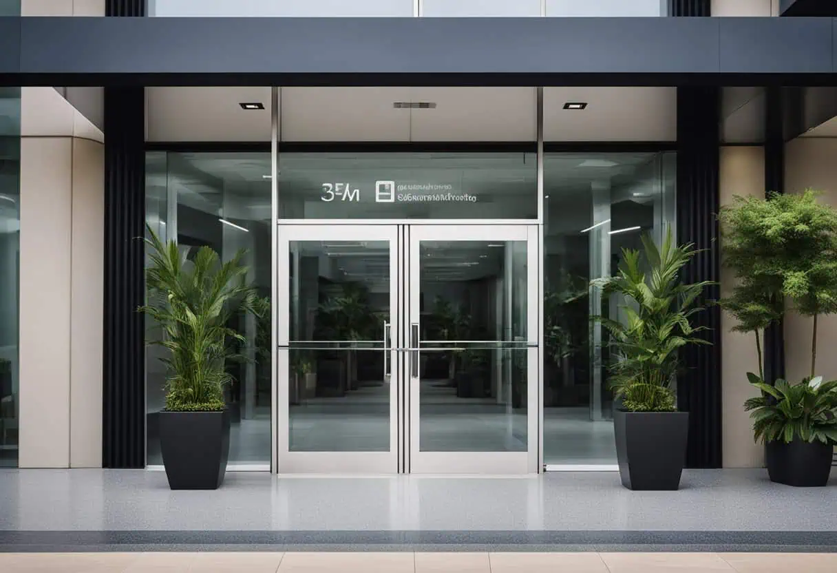 Sleek glass office entrance with potted greenery for a professional look.