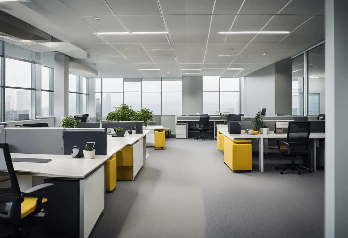 Bright office interior with open desks, ergonomic chairs, and large windows for a productive environ.