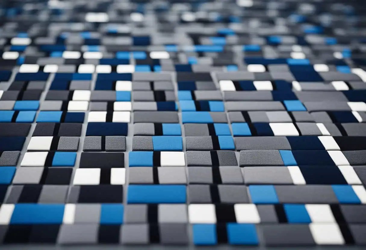 Office carpet tile design with a contemporary mosaic pattern in black, blue, gray, and white shades.