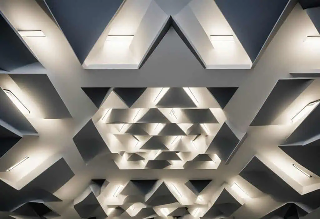 Contemporary office ceiling with geometric shapes and integrated lighting for a stylish workspace.