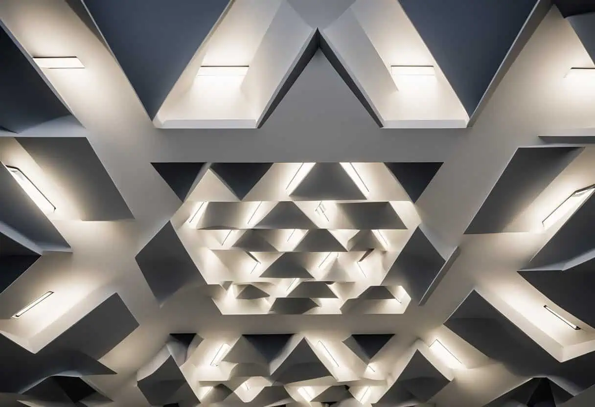 Contemporary office ceiling with geometric shapes and integrated lighting for a stylish workspace.