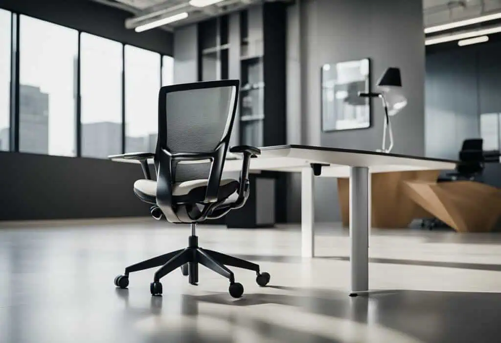 Office chair with ergonomic design and mesh backrest in a contemporary office setting.