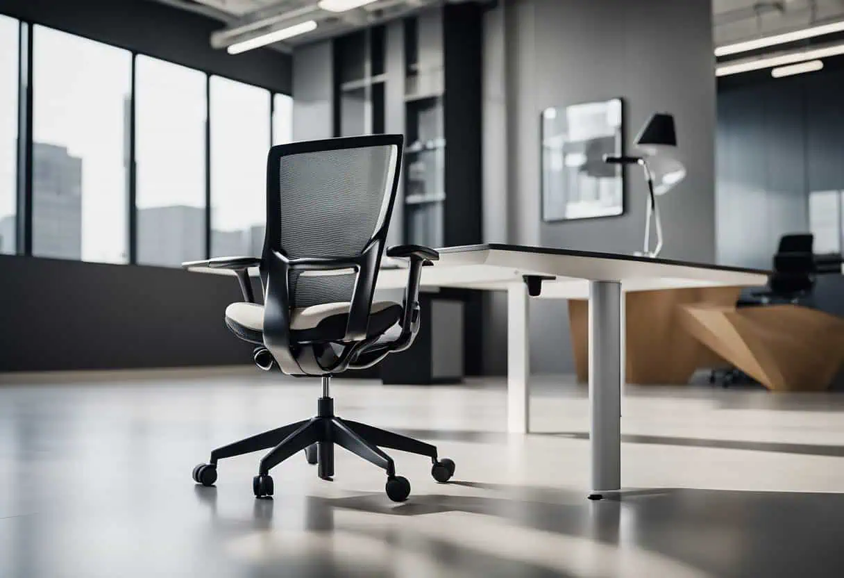 Office chair with ergonomic design and mesh backrest in a contemporary office setting.